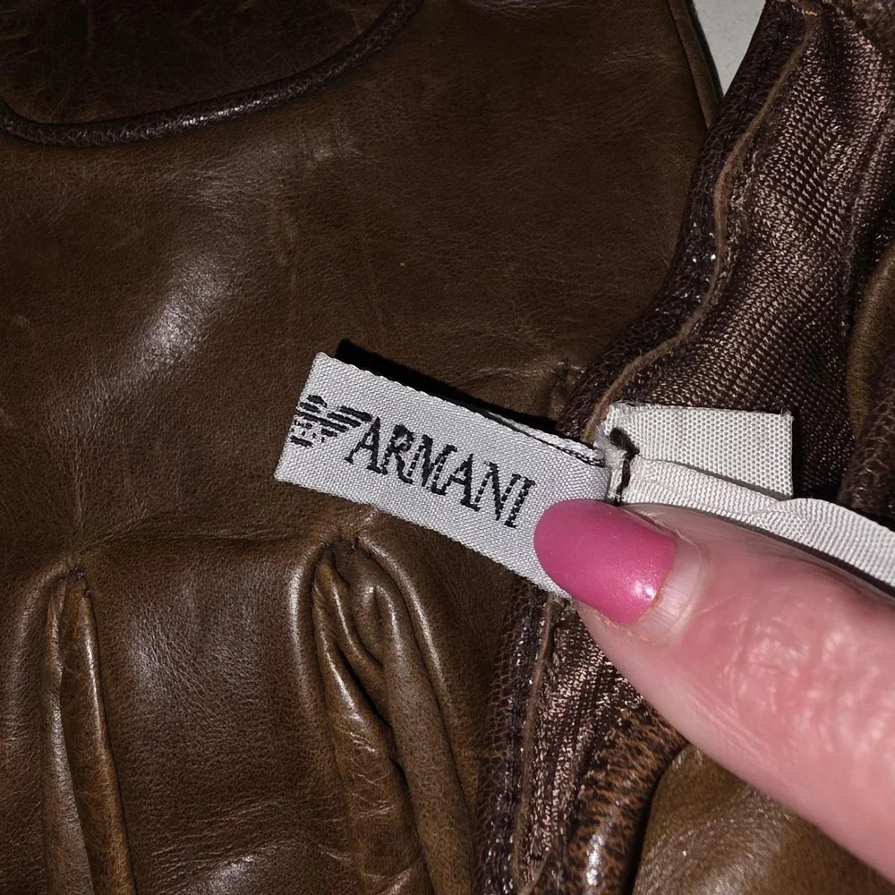AUTHENTIC Emporio Armani Leather Gloves Amber Brown Women's Size L Lambskin Rich